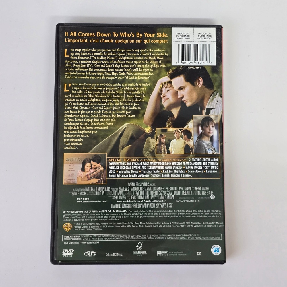 A Walk to Remember DVD Mandy Moore Shane West Romance Movie Warner Bros - Picture 2 of 5